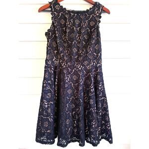 Black Crochet Lace Fit Flare Dress Nude Illusion Junior 9 XS S Dark Coquette